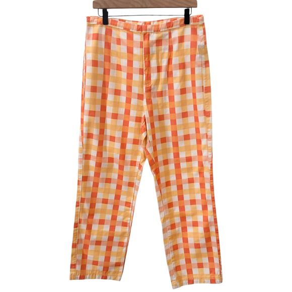 NWT Free People She's All That Printed Check Trouser Pants Yellow Orange Sz 12 - Picture 3 of 11